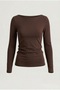 Ultra Soft Boat Neck Long Sleeve Cotton Brown Basic Blouse - 2