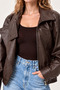 Women's Oversize Stand Collar Brown Leather Jacket - 6