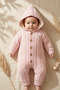 Lumi Soft Pink Fur Inside Hair Knit Patterned Hooded Baby Knitwear Jumpsuit - Winter with Natural Wooden Buttons