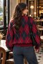 Women's Burgundy Navy Blue Diamond Patterned Crew Neck Oversize Knitwear Sweater - 4