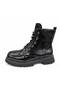 Women's Black Color Shiny Textured Patent Leather Boots with Side Zipper and Lace-Up Design - 2