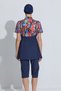 Women's Semi-Closed Swimsuit Set 4 Pieces Short Sleeve Zippered Patterned Navy Blue - 7