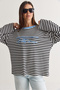 Women's White-Blue Text Printed Striped Crew Neck Oversize Long Sleeve Sweatshirt 2389 60286694 - 5