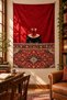 Tea Cat and Traditional Rug Pattern Retro Digital Printed Stain Resistant Washable Fabric Wall Covering Wall Tapestry Decorative Tapestry