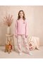 Girls & Teenagers Winter Seasonal 100% Cotton Single Jersey Teddy Bear Printed Striped Straight Leg Long Sleeve Home Wear Pajama Set Pink
