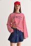 Women's Red-Navy Blue Text Printed Striped Crew Neck Oversize Long Sleeve Sweatshirt 2389 60286694 - 2