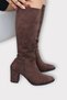 Women's Thick Block Heeled Pointed Toe Side Zipper Below the Knee Boots Brown - Black - 2