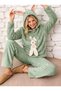 Hooded Rabbit Embroidery Detail Water Green Color Trendy Fun Comfortable Wellsoft Fabric Winter Women's Pajama Set - 2