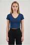 Women's Navy Blue Colored V-Neck Lycra Plain Basic Short Sleeve Crop Blouse