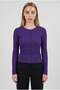 Women's purple ribbed knit button-down cardigan blouse with flexible button detail, long sleeves, and crew neck.