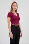 Women's burgundy v-neck lycra basic short sleeve crop top - 2