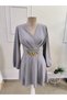 Women's long sleeve double breasted collar chain detailed short janjan crepe dress - 4