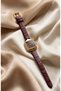 Classic Women's Watch with Burgundy Leather Strap, Gold Color Square Case and Roman Numerals |   Vintage Old Money Classic Women's Wristwatch |   Limited Edition 2027 - 4