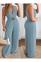 Women's Strappy Double-Breasted Collared Long Imported Crepe Jumpsuit with Belt Detail at the Waist - 7