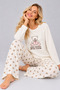 Women's Waffle Fabric Printed Patterned Crew Neck Long Sleeve Relaxed Cut Pajama Set