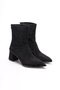 Women's Black Suede Black Stone Pointed Toe Thick Heeled Boots - 4