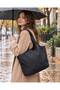 Women's Canvas Fabric Zippered Shoulder Bag Black - 4