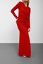 Red Double-Breasted Collared Long Dress with Belt Buckle and Slit - 6