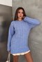 Women's Blue Knitted Crew Neck Oversize Long Sleeve Knitwear Sweater (Length 70 cm) - 4