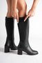 Women's Black Genuine Leather Heeled Boots with Flexible Elastic Back - 2