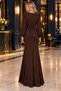 Long Janjan Crepe Evening Dress with Front Ruffle Detail in Brown - 2