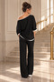 Women's One-Shoulder Open Stripe Detailed Loose Viscose Two-Thread Blouse and Wide-Leg Pants Two-Piece Set Daily Casual Stylish Set - 5