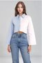 Women's Special Design Asymmetric Cut Buttoned Striped Paneled Cropped Shirt - 6