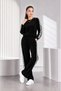 Women's Velvet White Stripe Detailed Long Sleeve Top and Wide Leg Pants Bottom Top Set - 5
