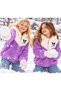 Girl's Purple and White Kuromi Printed Plush Cardigan with Hood and Zipper, Kangaroo Pocket, Ages 8-13 - 7