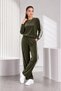 Women's Velvet White Stripe Detailed Long Sleeve Top and Wide Leg Pants Bottom Top Set
