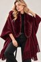 Women's Burgundy Fur Collar Detailed Tasseled Loose Knitwear Shawl Poncho - 5