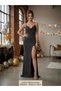 Black Backless Triangle Bust Glittering Sparkly Slit Long Evening Dress - 3