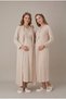 Women's Beige Shawl Collar Lace Long Sleeve Maternity Nightgown Set with Easy Breastfeeding Feature and Robe - 3