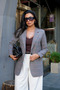 Gray Houndstooth Lined Suede Blazer Jacket with Elbow Detail - 2