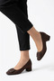 Selor Women's Low Heeled Shoes with Front Belt Buckle, Brown Satin - 3