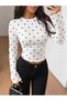 White Women's Star Patterned Spanish Sleeve Crew Neck Crop Blouse
