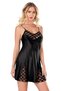 Lace Embroidered Thin Strap Black Satin Nightgown - 2