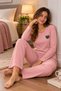 Women's Powder Teddy Bear Embroidered Ribbed Knitted Pajama Set - 2