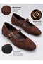 Women's Brown Suede Mary Jane Ballet Flats with Gold Buckle Strap, Stylish Everyday Flat-Soled Ballet Shoes Stc1384 - 5