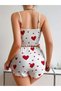 Cotton White with Red Heart Patterned Strap Shorts Pajama Set - 3