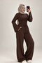 Women's Brown Drawstring Trousers and Tie-Back Fitted Blouse Two-Piece Set