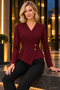 Asymmetrical Cut - Women's Long Sleeve Double Breasted Collar Buttoned Imported Crepe Blouse - 4