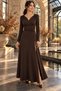 Women's Long Sleeve Heart Neckline Waist Cinched Deep Slit Long Janjan Crepe Dress - Feminine Posture and Eye-Catching Elegance - 3
