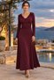 Women's Long Sleeve Heart Neckline Waist Cinched Deep Slit Long Janjan Crepe Dress - Feminine Posture and Eye-Catching Elegance - 7
