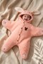 Baby Salmon Rabbit Ears Star-Shaped Plush Jumpsuit - Soft Sherpa Textured Winter Baby Outfit
