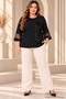 Women's Black Plus Size Velvet Floral Embroidery Tulle Low-Cut Three Quarter Sleeve Side Slit Wide Collar Stretchy Viscose Blouse - 3