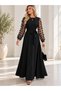 Long Dress with a Crew Neck, Butterfly Tulle Sleeves, and a Belted Waist—Maxi Dress-72529-Black -