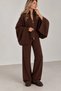 Women's Bitter Brown Double Zipper Bat Sleeve Cardigan Wide Leg High Waist Pants Bottom Top Two-Piece Knitwear Set - 2