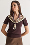 Women's Bitter Coffee V-Neck Scarf Detailed Short Sleeve Fit Cut Knitwear Blouse 5428 60286703