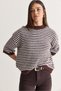 Women's Brown-Ecru Striped Crew Neck Half Sleeve Embroidered Oversize Knitwear Sweater 5282 60286698 - 3